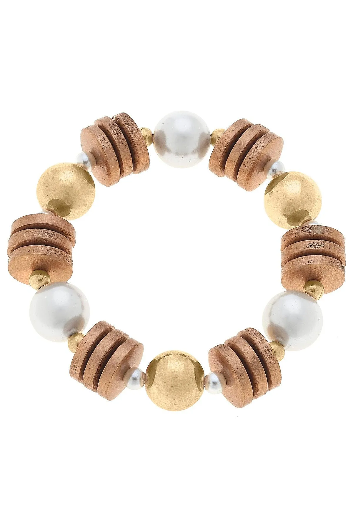 Sheridan Pearl, Wood & Gold Bead Stretch Bracelet in Ivory sold by Canvas Style