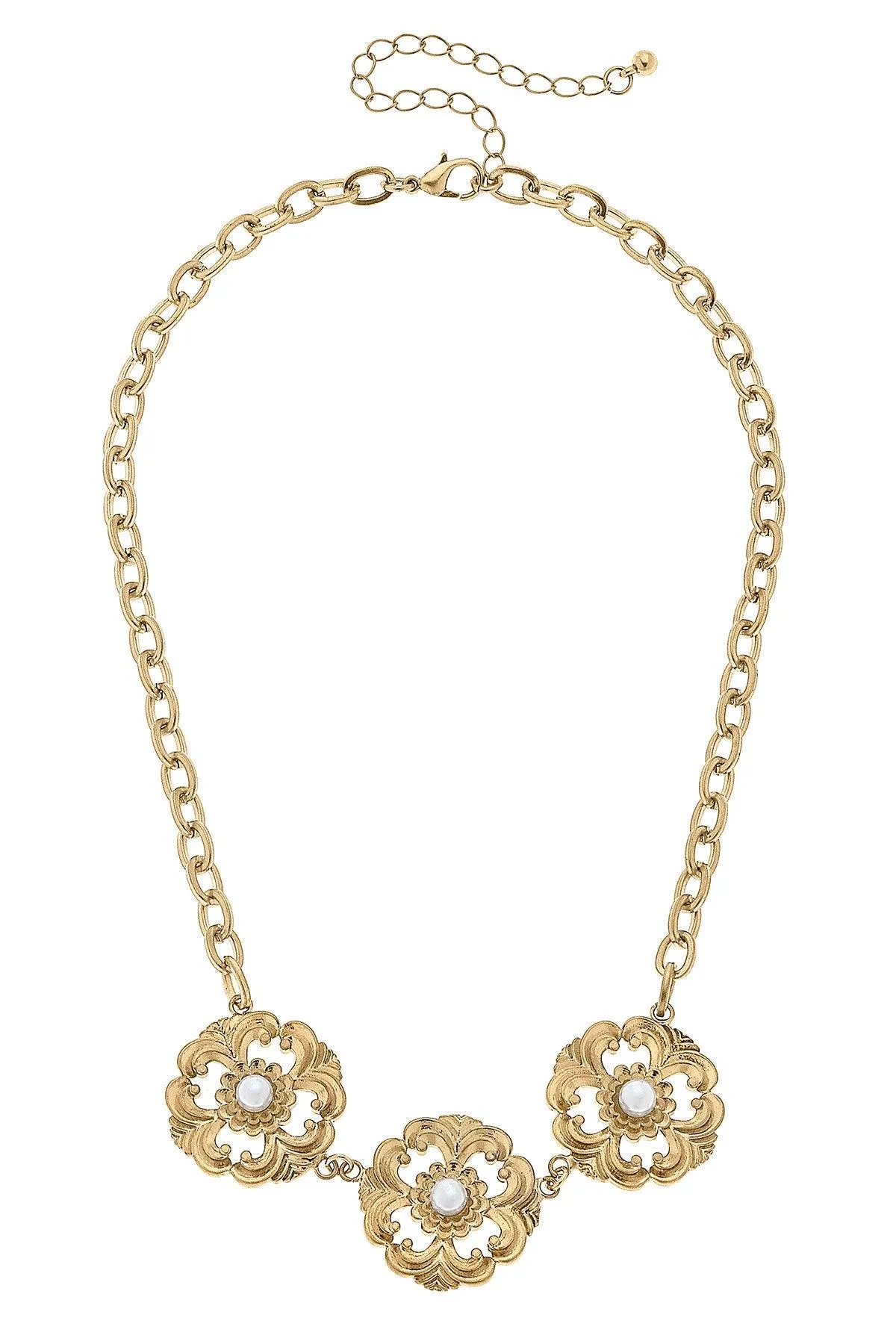 Orleans Linked Acanthus & Pearl Necklace in Worn Gold sold by Canvas Style