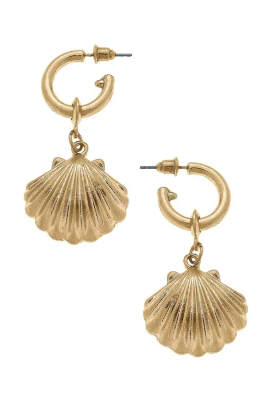 Scallop Shell Drop Hoop Earrings in Worn Gold sold by Canvas Style