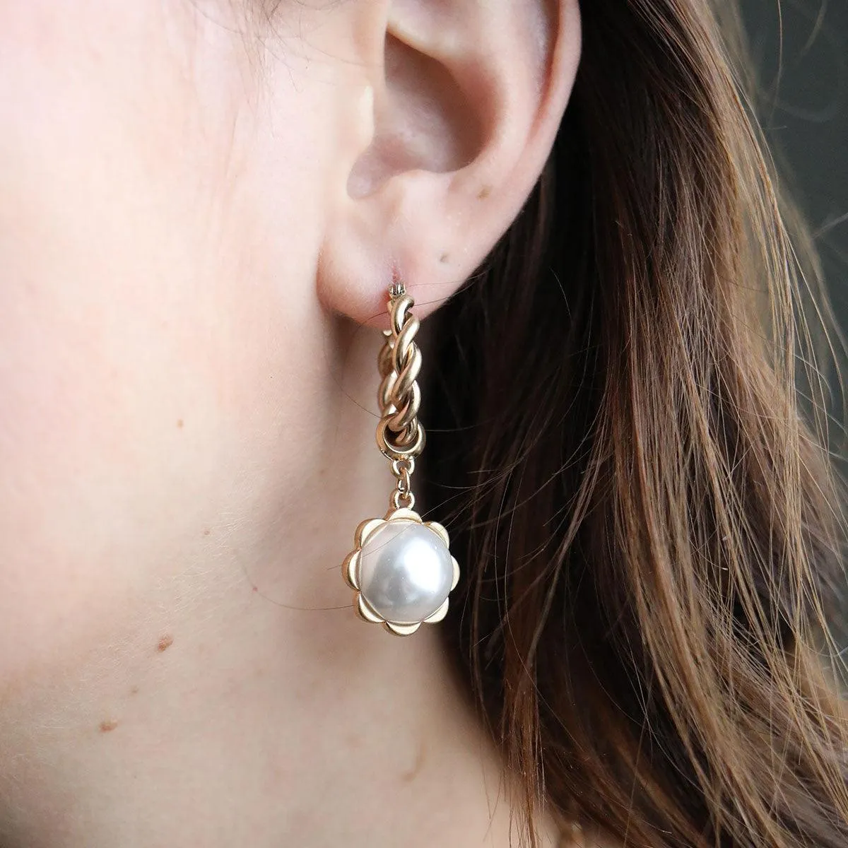Ellison Twisted Metal & Pearl Flower Drop Hoop Earrings in Ivory - FINAL SALE sold by Canvas Style product image thumbnail 2