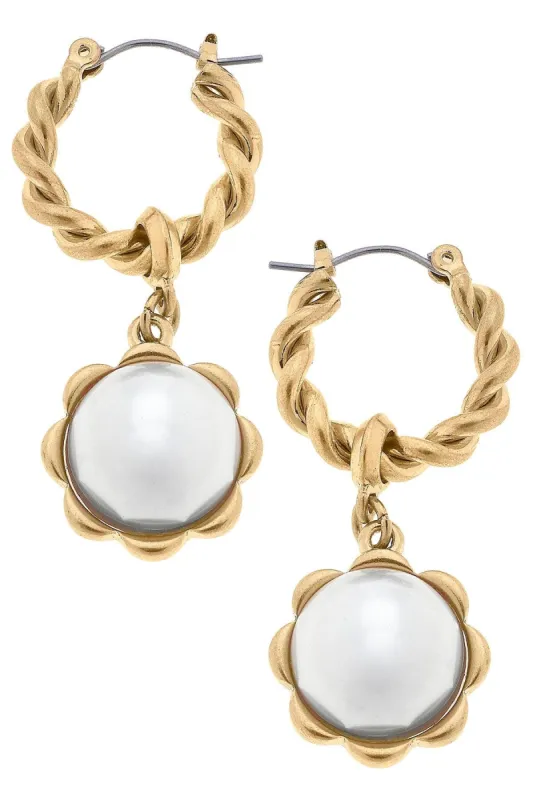 Ellison Twisted Metal & Pearl Flower Drop Hoop Earrings in Ivory - FINAL SALE sold by Canvas Style