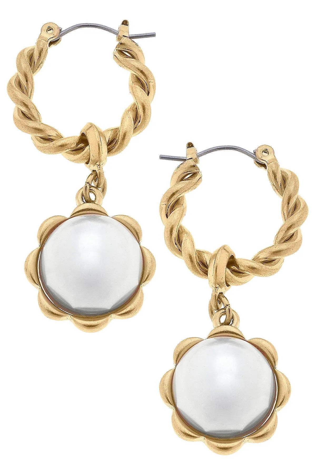 Ellison Twisted Metal & Pearl Flower Drop Hoop Earrings in Ivory - FINAL SALE sold by Canvas Style