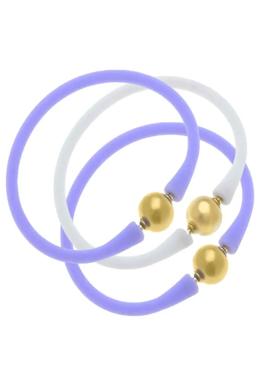 Bali 24K Gold Silicone Bracelet Stack of 3 in Lilac & White sold by Canvas Style