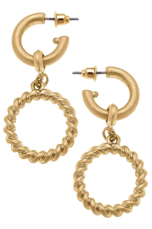 Tatum Twisted Metal Drop Hoop Earrings in Worn Gold sold by Canvas Style