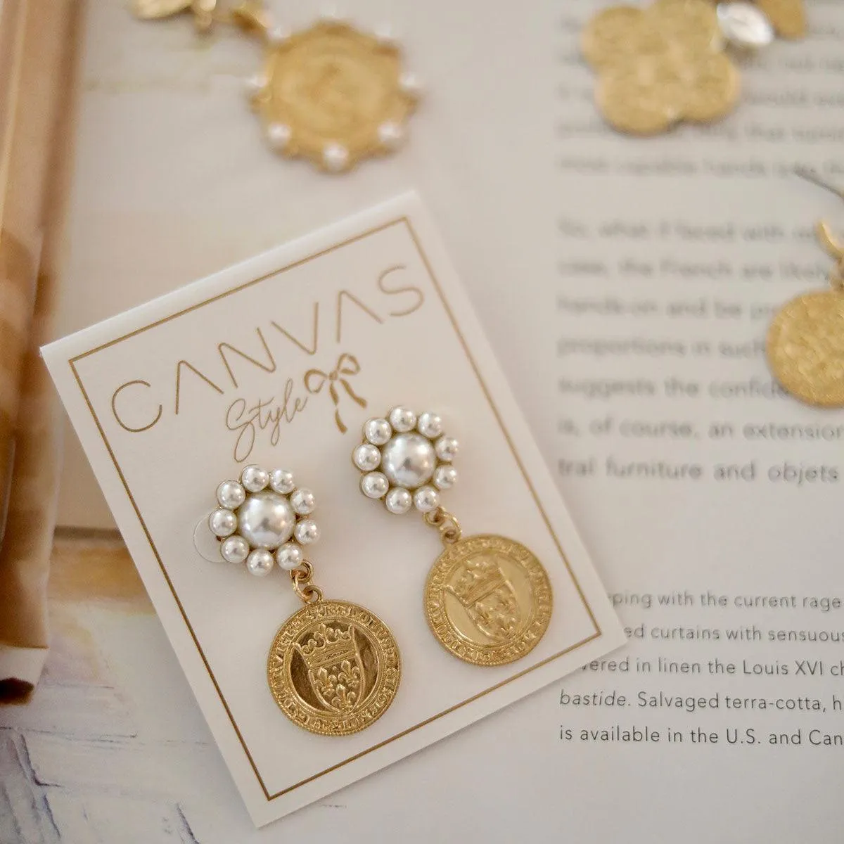 CANVAS Style x MaryCatherineStudio French Coin Pearl Drop Earrings in Worn Gold- FINAL SALE sold by Canvas Style product image thumbnail 2