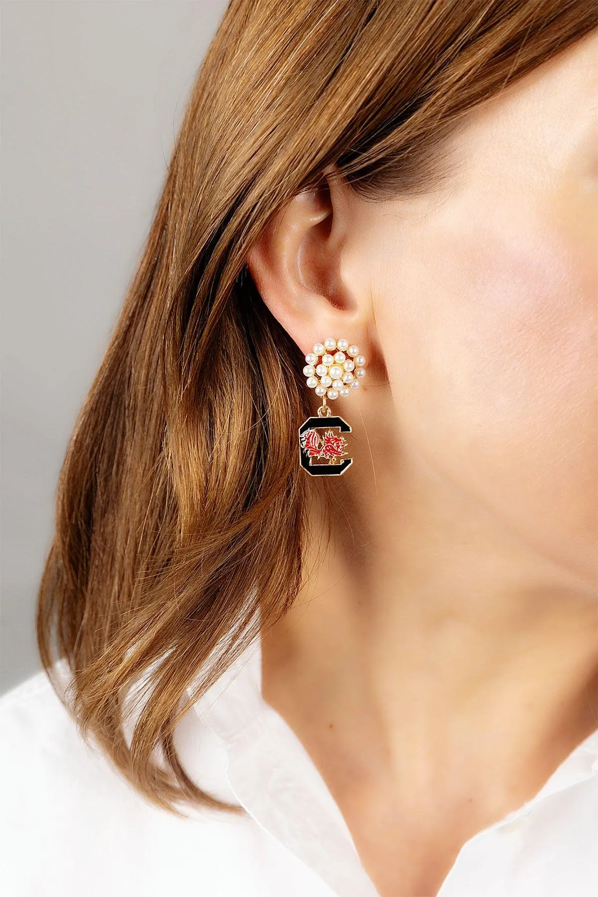 South Carolina Gamecocks Pearl Cluster Enamel Drop Earrings sold by Canvas Style product image thumbnail 3