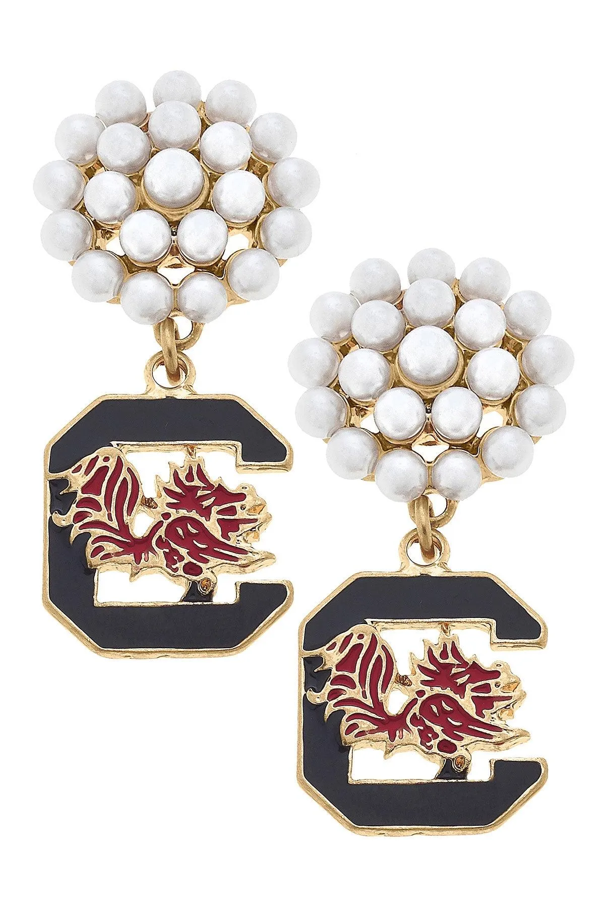 South Carolina Gamecocks Pearl Cluster Enamel Drop Earrings sold by Canvas Style