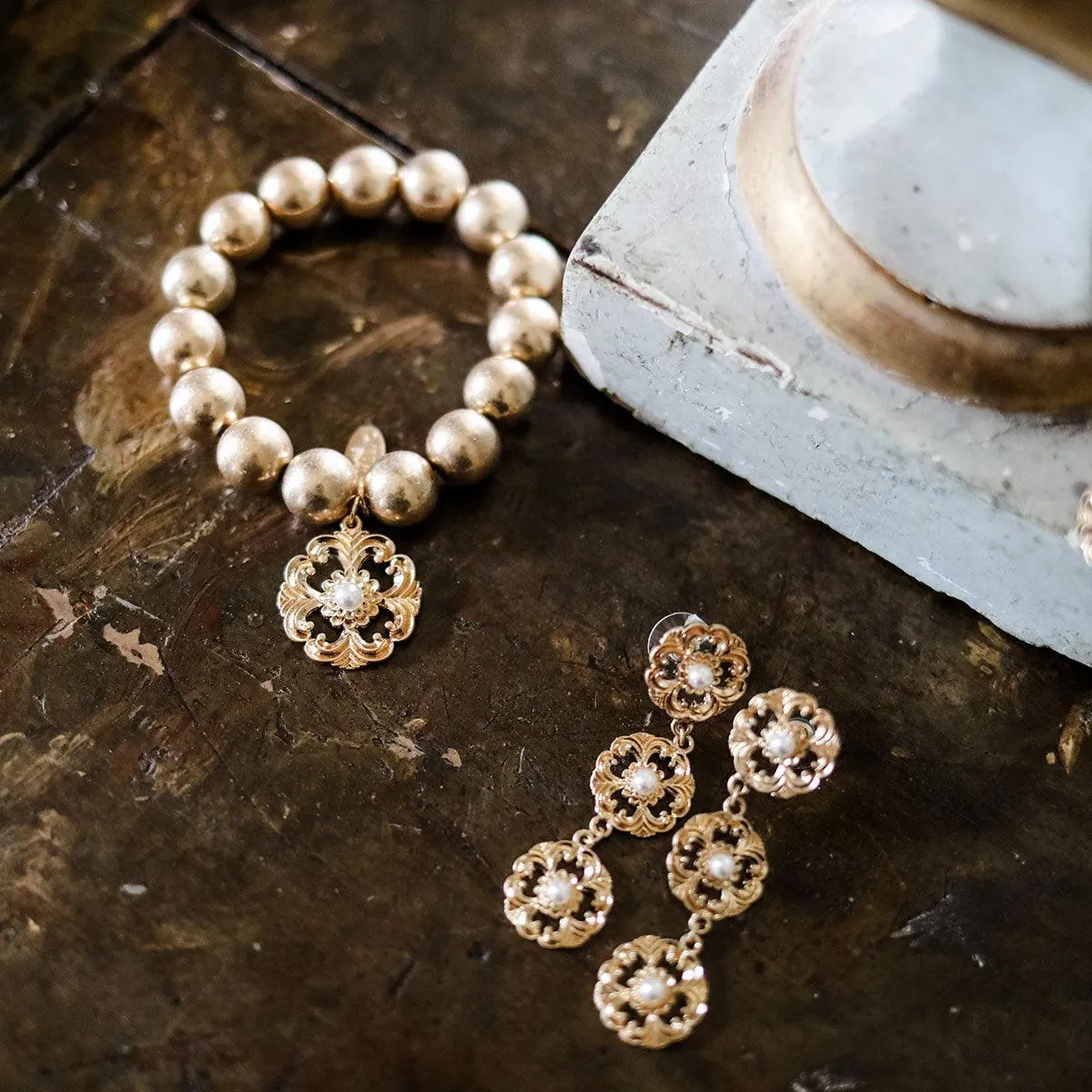 Marquette Acanthus & Pearl Triple Drop Earrings in Worn Gold sold by Canvas Style product image thumbnail 2