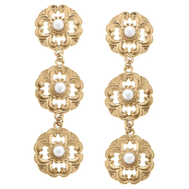 Marquette Acanthus & Pearl Triple Drop Earrings in Worn Gold sold by Canvas Style