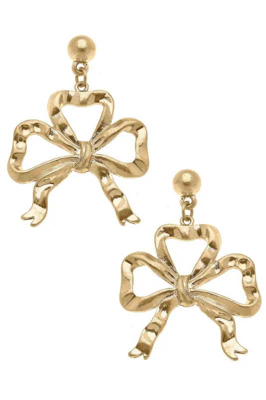 Lacey Bow Drop Earrings in Worn Gold sold by Canvas Style
