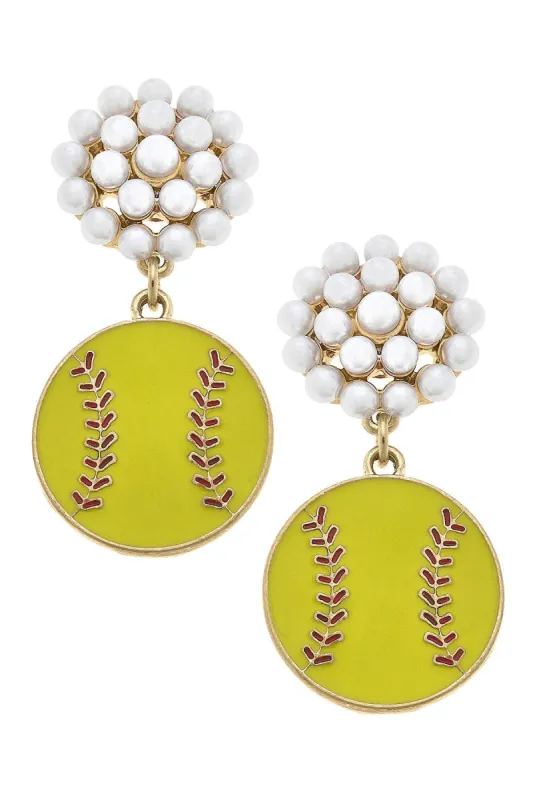 Softball Pearl Cluster Enamel Drop Earrings in Fluorescent Yellow sold by Canvas Style