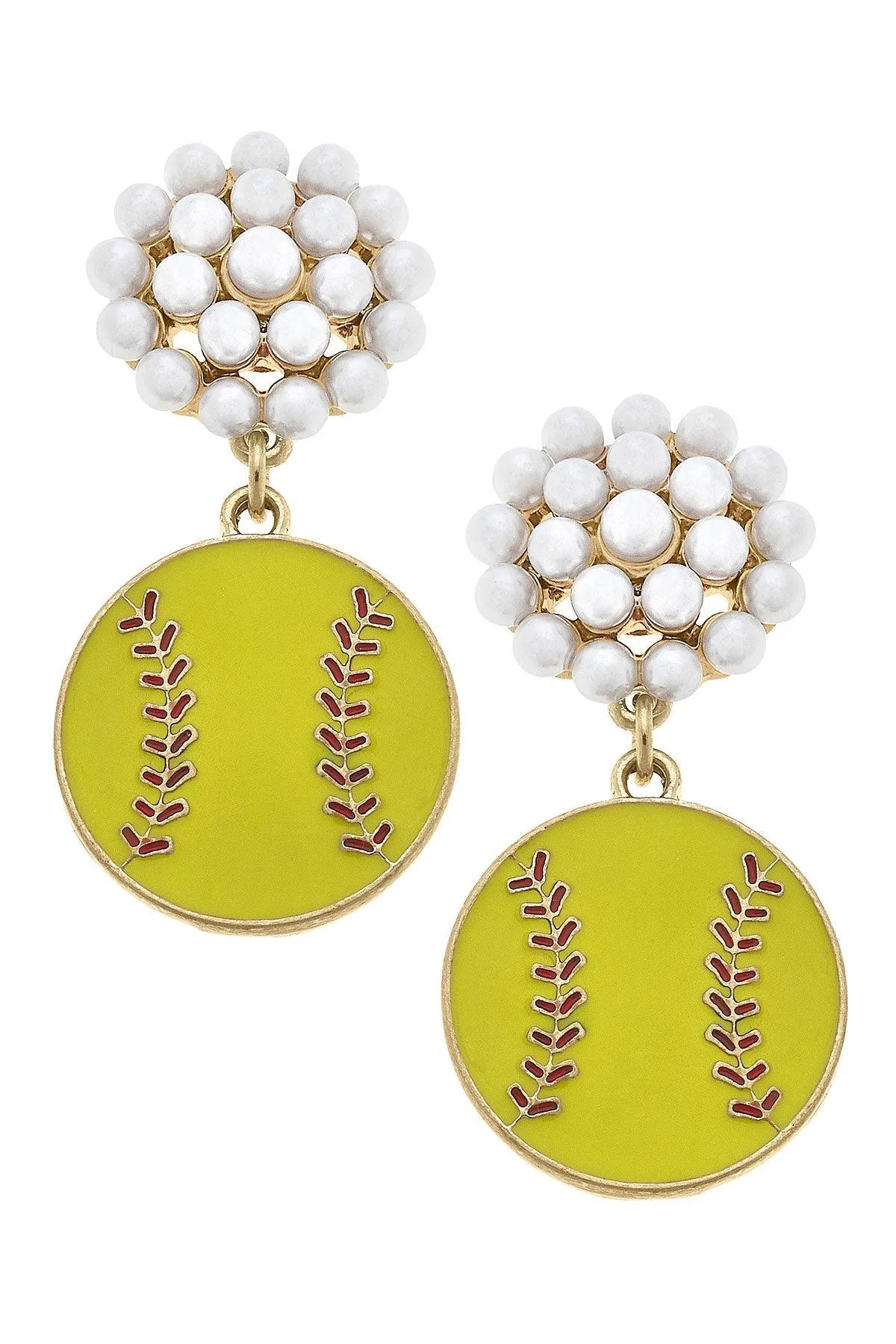 Softball Pearl Cluster Enamel Drop Earrings in Fluorescent Yellow sold by Canvas Style
