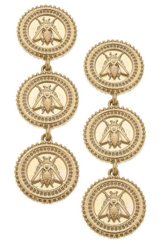Lizette Bee Medallion Triple Drop Earrings in Worn Gold - FINAL SALE sold by Canvas Style