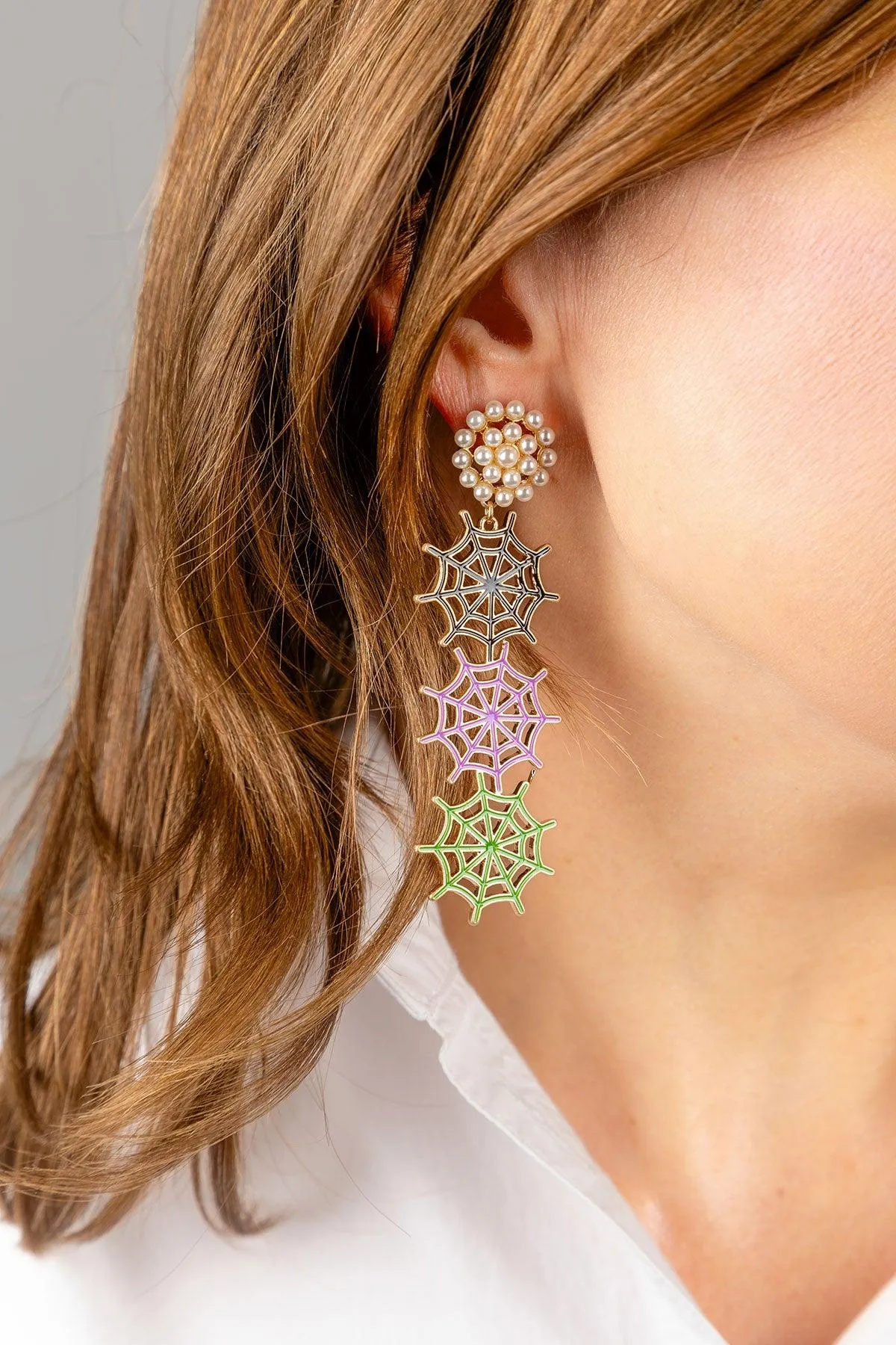 Halloween Enamel Linked Spider Web Drop Earrings in Black/Purple/Green sold by Canvas Style product image thumbnail 2
