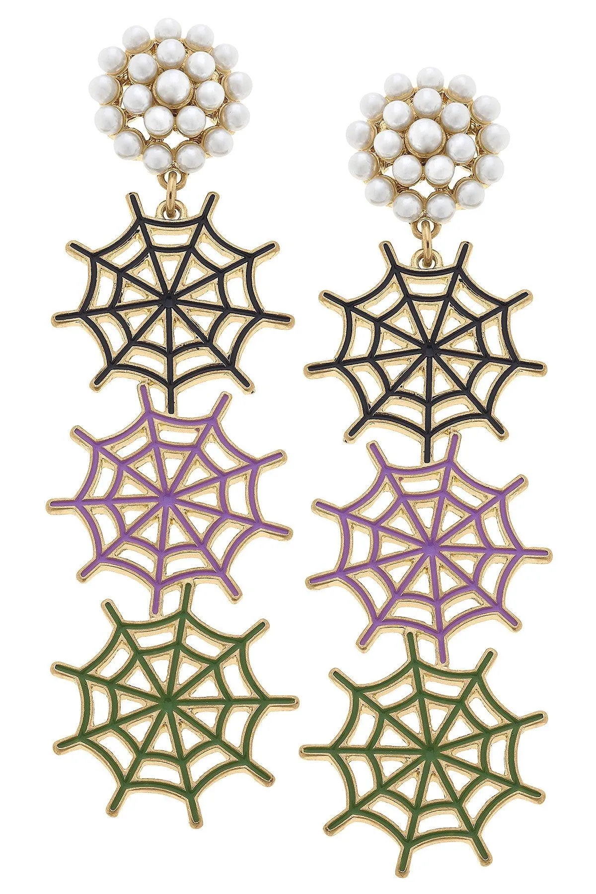 Halloween Enamel Linked Spider Web Drop Earrings in Black/Purple/Green sold by Canvas Style