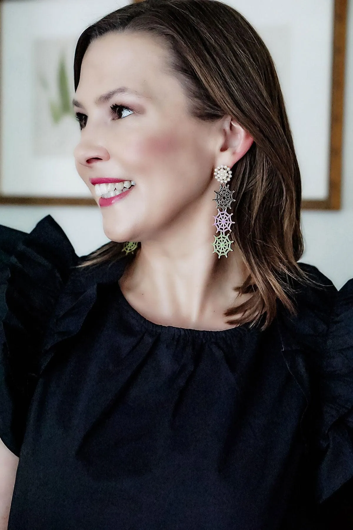 Halloween Enamel Linked Spider Web Drop Earrings in Black/Purple/Green sold by Canvas Style product image thumbnail 3