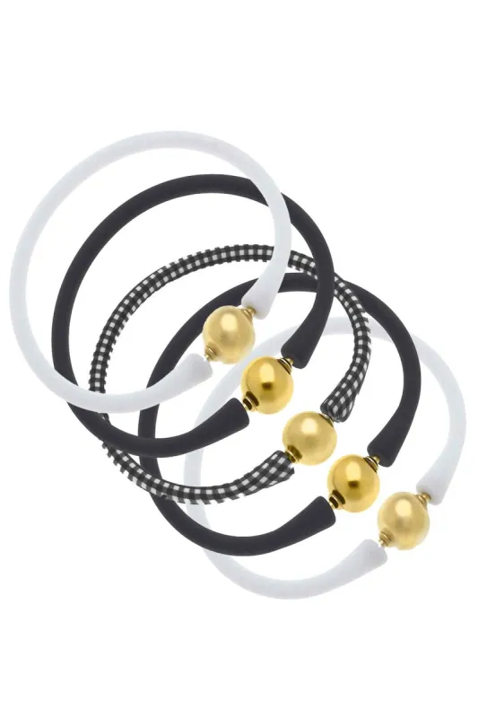 Bali 24K Gold Silicone Bracelet Stack of 5 in White, Black & Black Gingham sold by Canvas Style