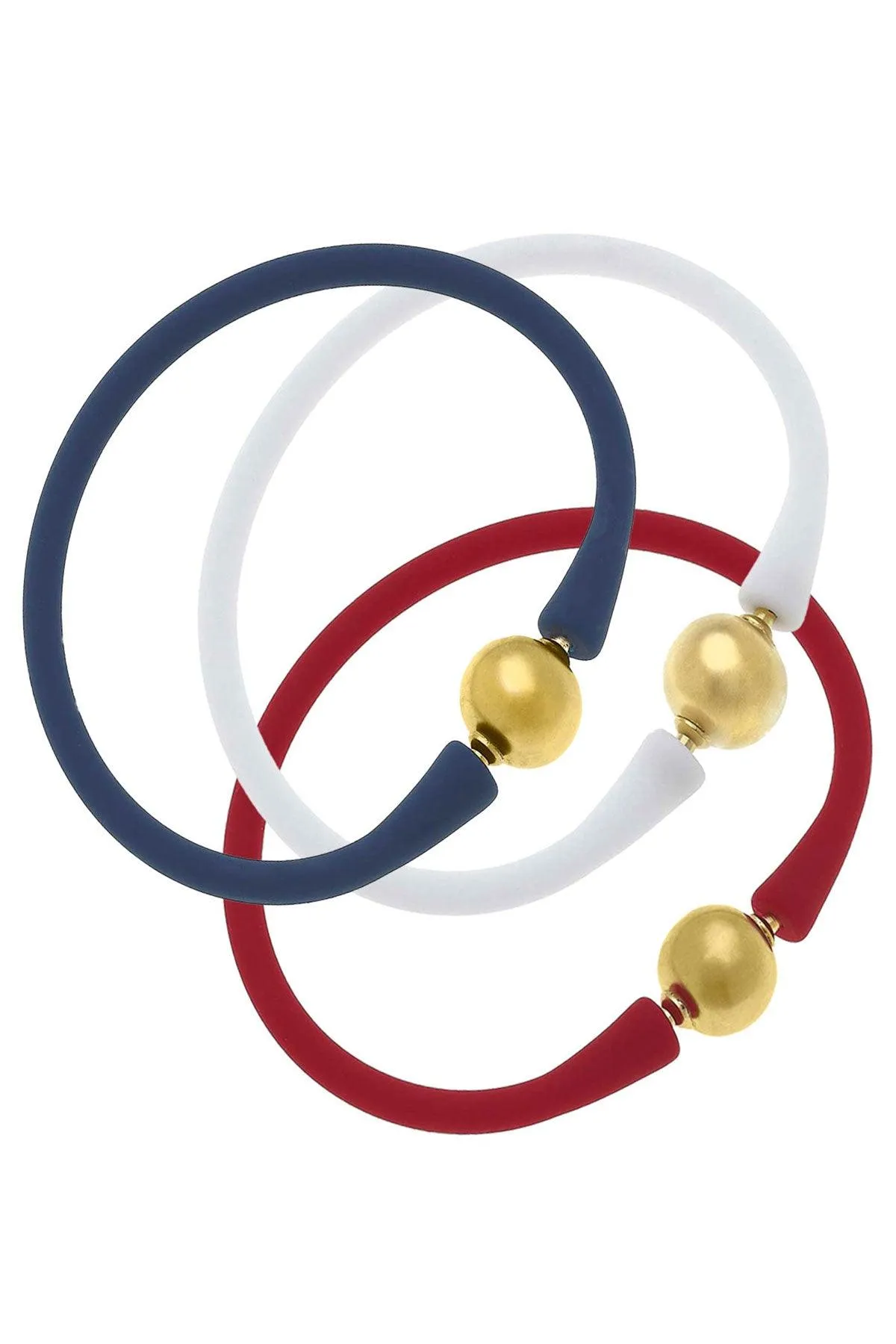 Bali 24K Gold Silicone Bracelet Stack of 3 in Red, White & Navy sold by Canvas Style