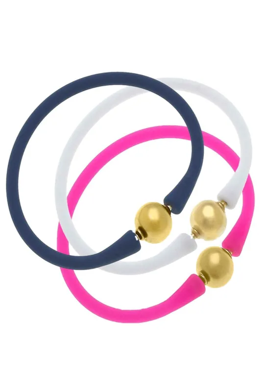 Bali 24K Gold Silicone Bracelet Stack of 3 in Fuchsia, White & Navy sold by Canvas Style