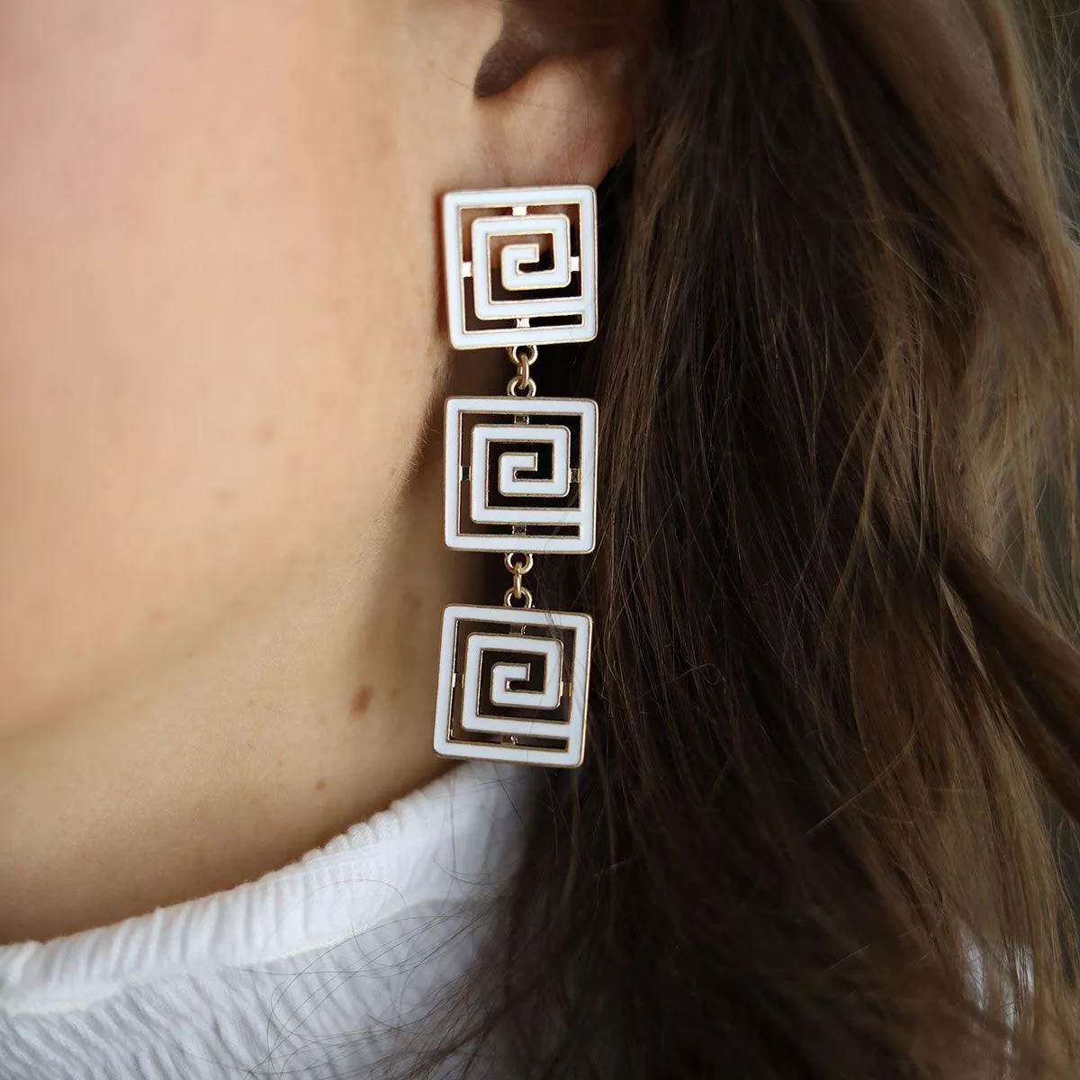 Gretchen Game Day Greek Keys Linked Enamel Earrings in White sold by Canvas Style product image thumbnail 2