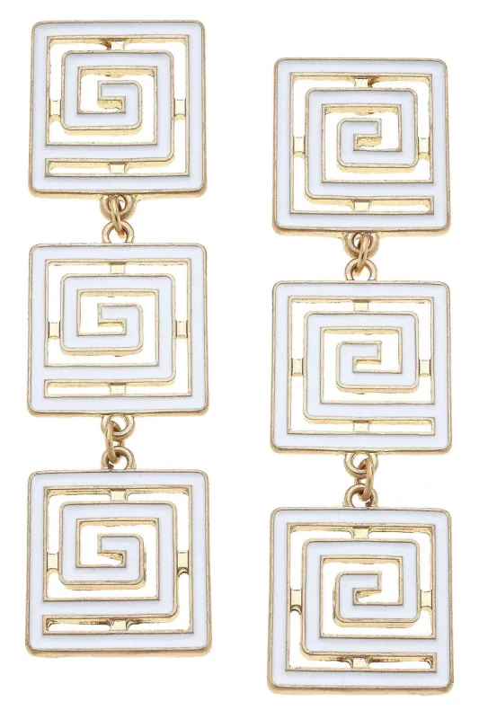 Gretchen Game Day Greek Keys Linked Enamel Earrings in White sold by Canvas Style