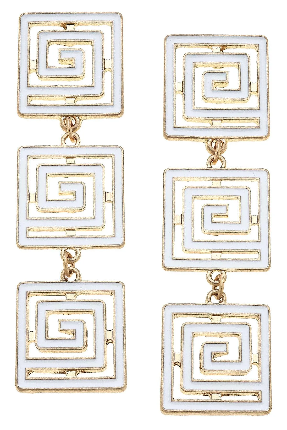 Gretchen Game Day Greek Keys Linked Enamel Earrings in White sold by Canvas Style