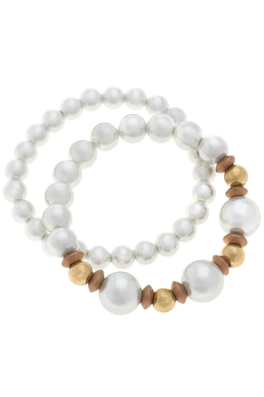 Moira Pearl, Wood & Gold Bead Stretch Bracelet Stack  in Ivory - Set of 2 - FINAL SALE sold by Canvas Style