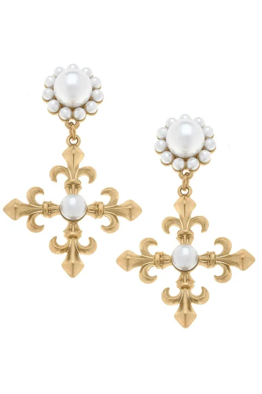 Olivia Fleur de Lis Cross Drop Earrings in Worn Gold sold by Canvas Style