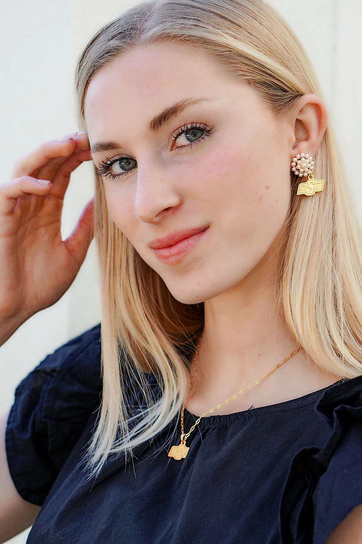 Oklahoma State Cowboys Pearl Cluster 24K Gold Plated Logo Earrings sold by Canvas Style product image thumbnail 2