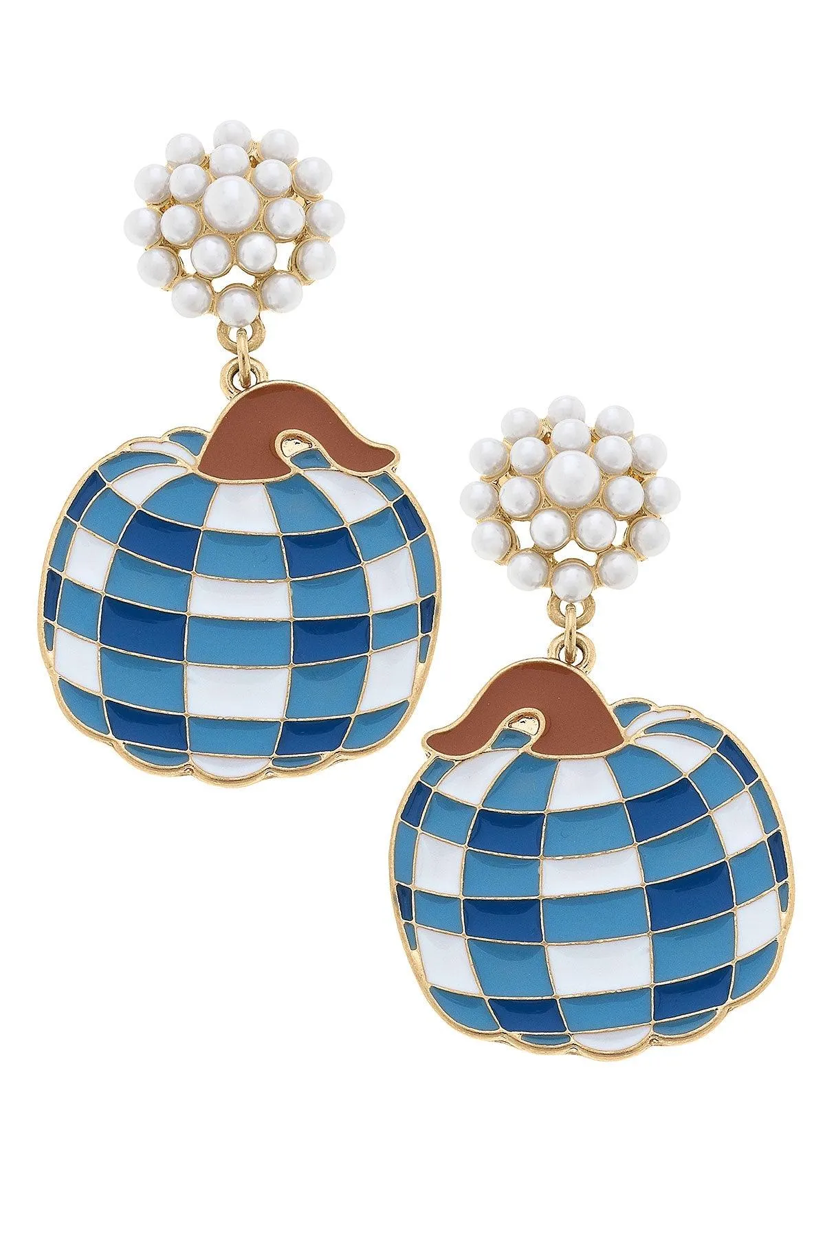 For Pete's Sake Pottery Gingham Pumpkin Earrings in Blue & White sold by Canvas Style