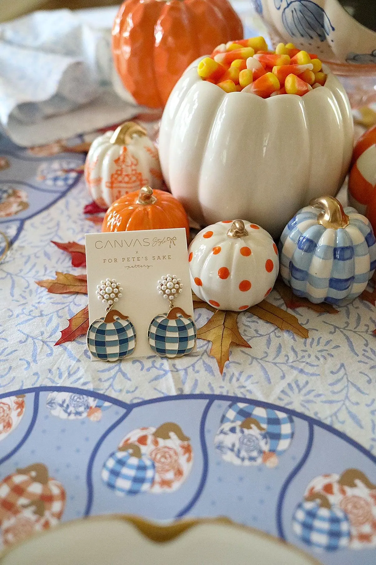 For Pete's Sake Pottery Gingham Pumpkin Earrings in Blue & White sold by Canvas Style product image thumbnail 3
