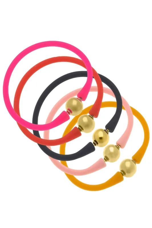 Bali 24K Gold Silicone Bracelet Stack of 5 in Neon Pink, Orange, Black, Light Pink & Cantaloupe sold by Canvas Style
