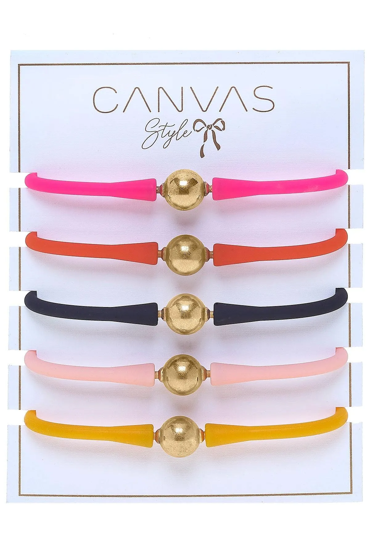 Bali 24K Gold Silicone Bracelet Stack of 5 in Neon Pink, Orange, Black, Light Pink & Cantaloupe sold by Canvas Style product image thumbnail 2