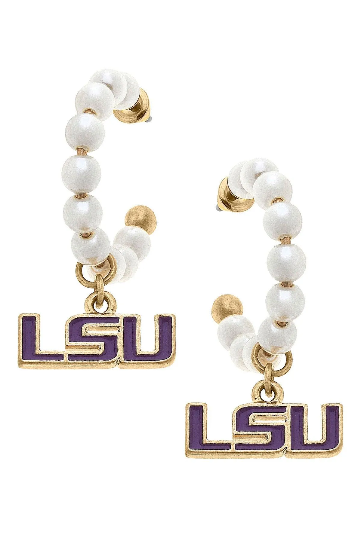 LSU Tigers Pearl Hoop Enamel Drop Earrings sold by Canvas Style