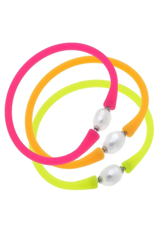 Bali Freshwater Pearl Silicone Bracelet Stack of 3 in Neon Pink, Neon Orange & Neon Yellow - FINAL SALE sold by Canvas Style
