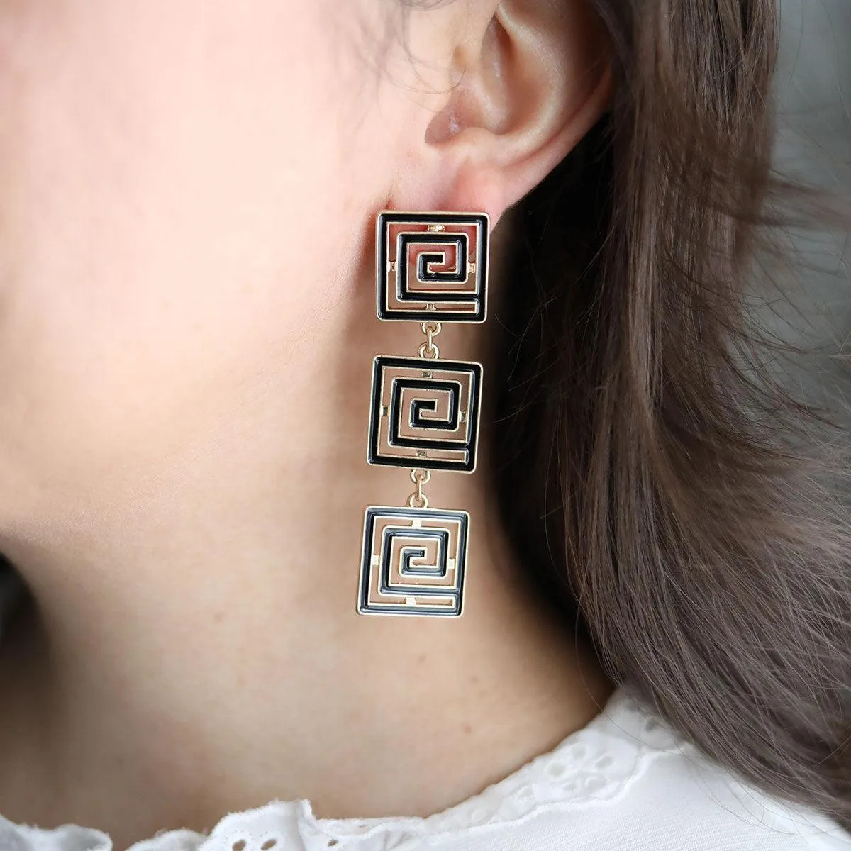 Gretchen Game Day Greek Keys Linked Enamel Earrings in Black sold by Canvas Style product image thumbnail 2