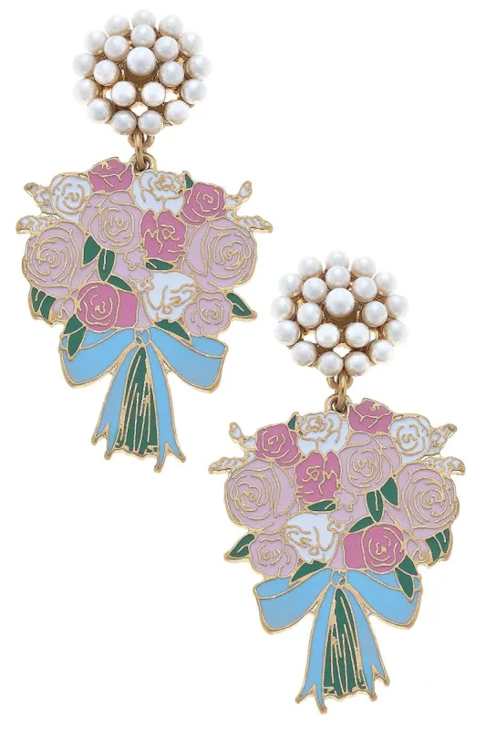 Laney Enamel Bridal Bouquet & Pearl Cluster Earrings in Pink & Blue sold by Canvas Style