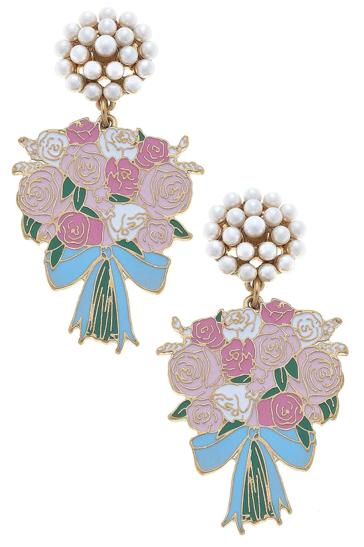Laney Enamel Bridal Bouquet & Pearl Cluster Earrings in Pink & Blue sold by Canvas Style