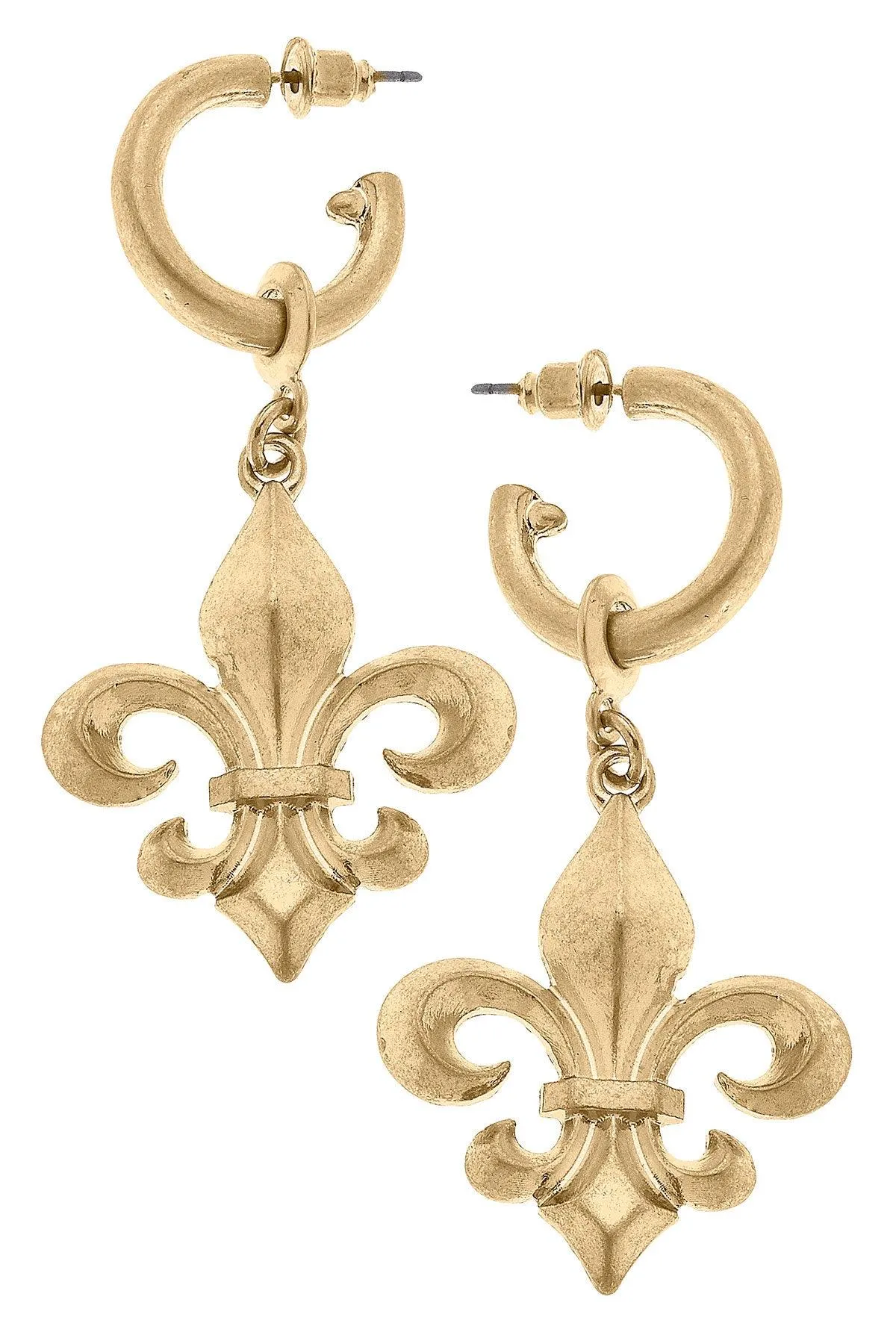 Lourdes Bourbon Fleur de Lis Drop Hoop Earrings in Worn Gold sold by Canvas Style
