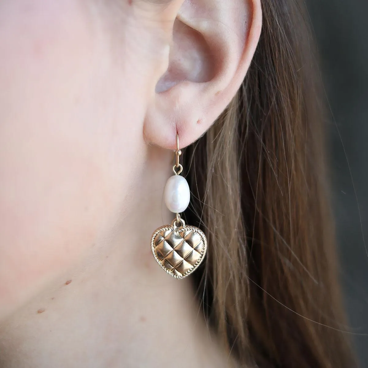Andee Pearl & Quilted Metal Heart Drop Earrings in Worn Gold sold by Canvas Style product image thumbnail 3