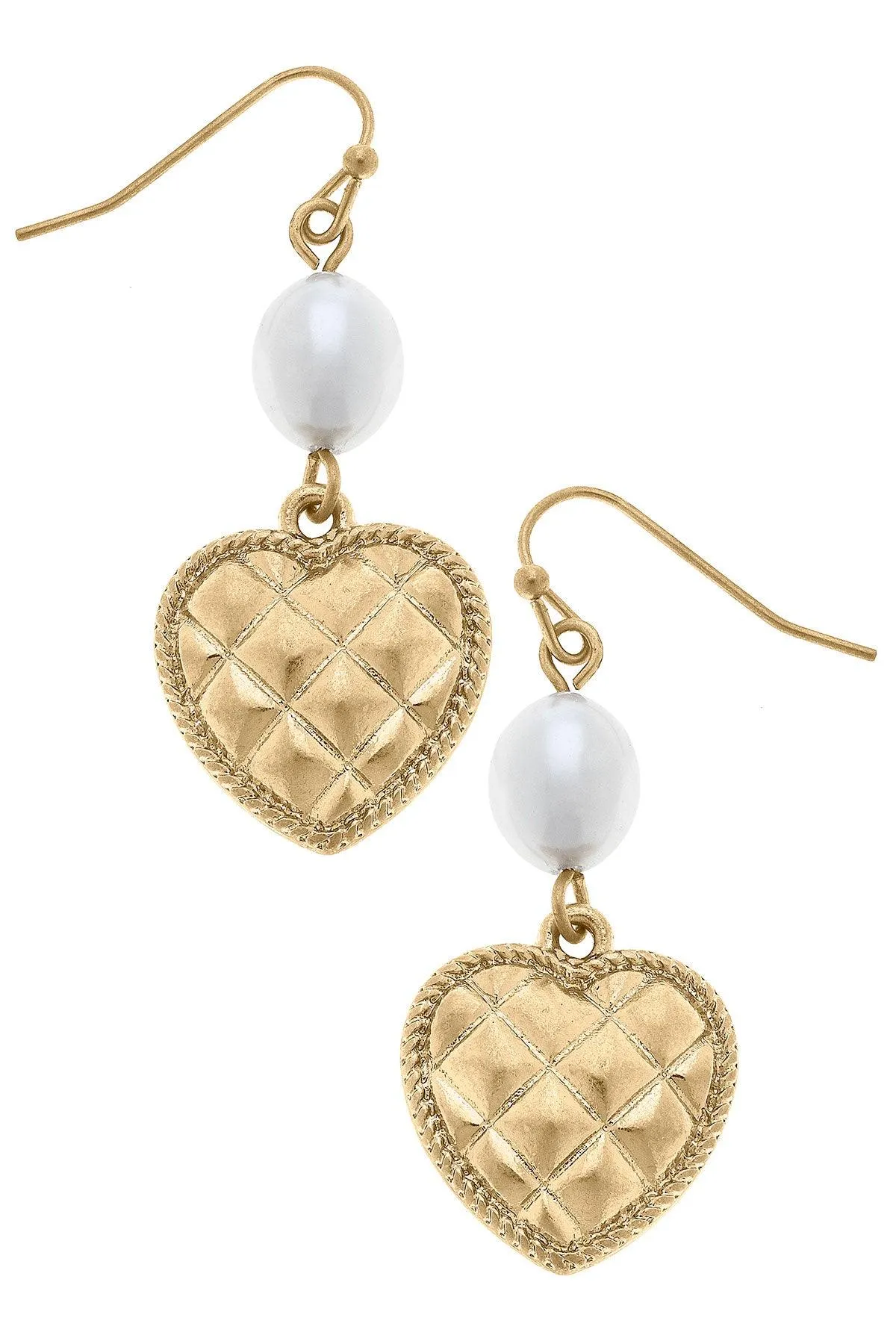 Andee Pearl & Quilted Metal Heart Drop Earrings in Worn Gold sold by Canvas Style