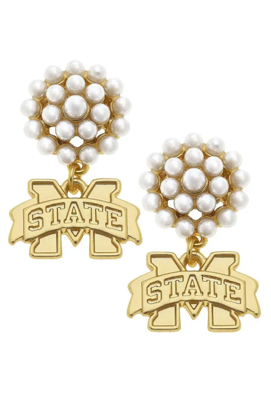 Mississippi State Bulldogs Pearl Cluster 24K Gold Plated Logo Earrings sold by Canvas Style