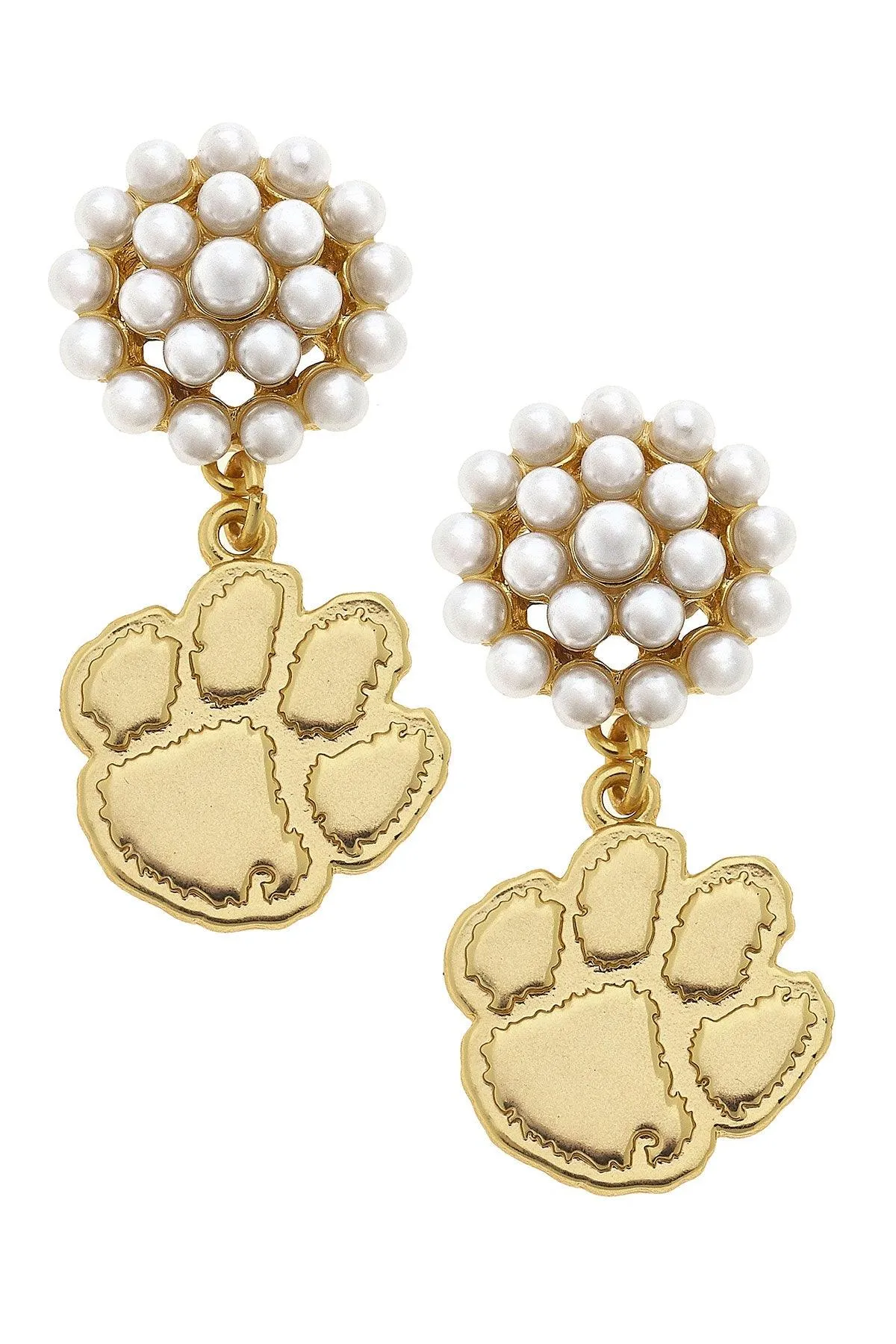 Clemson Tigers Pearl Cluster 24K Gold Plated Logo Earrings sold by Canvas Style