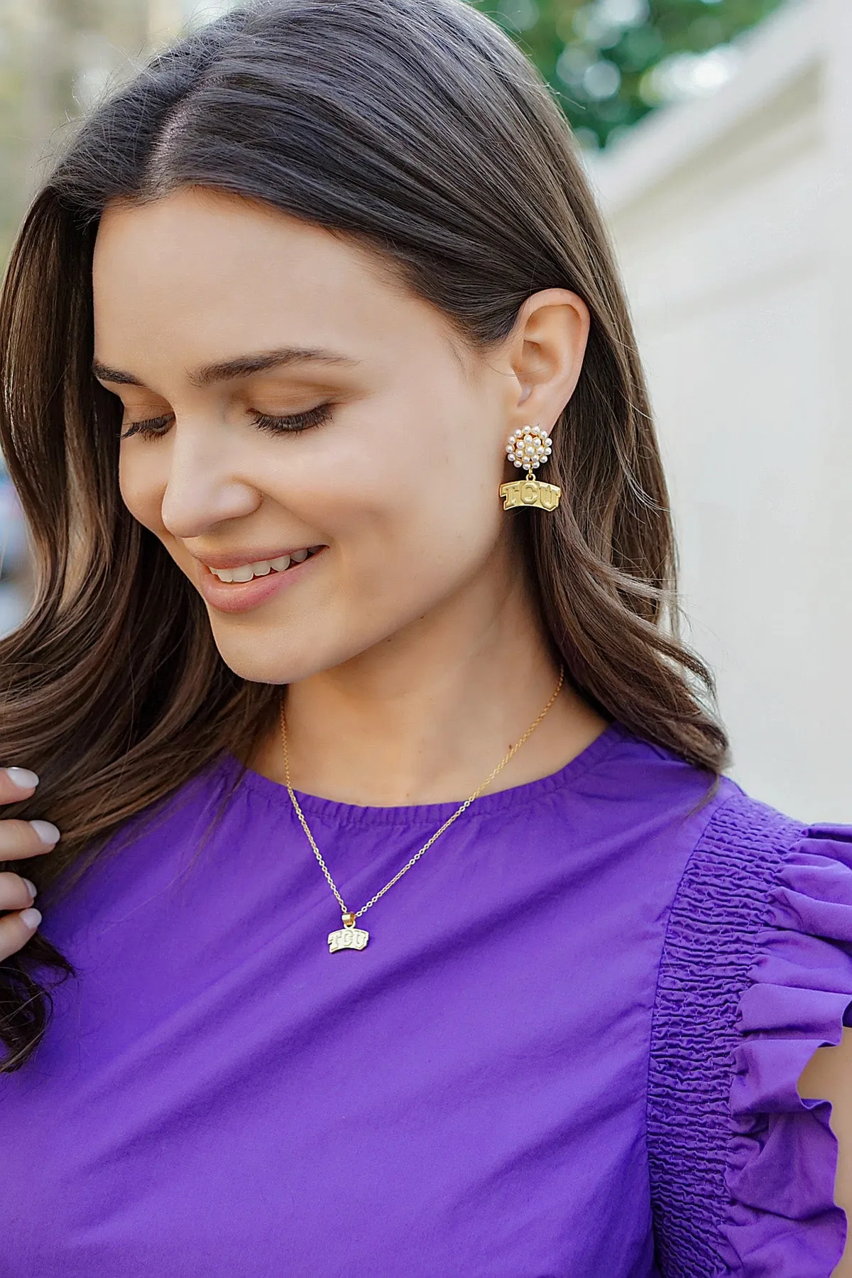 TCU Horned Frogs Pearl Cluster 24K Gold Plated Logo Earrings sold by Canvas Style product image thumbnail 2