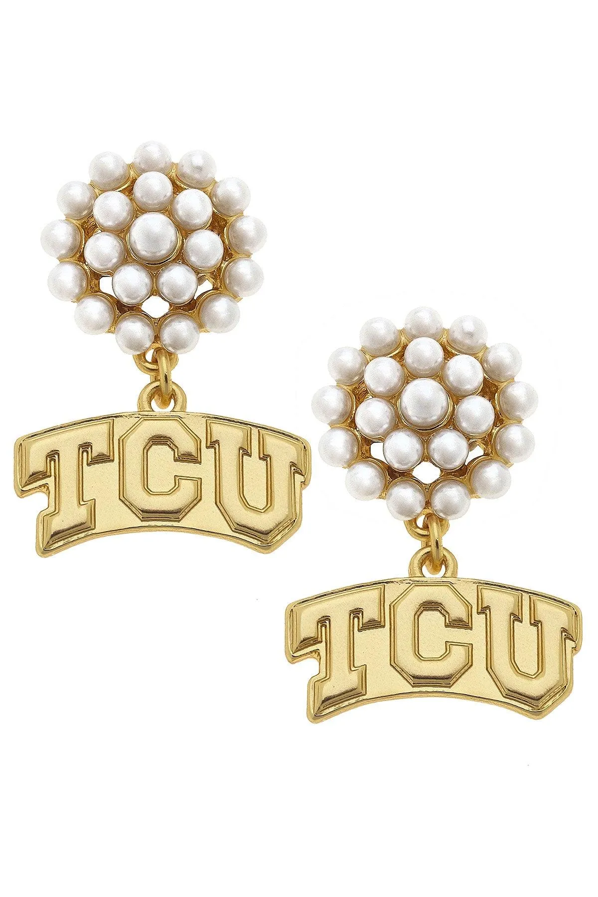 TCU Horned Frogs Pearl Cluster 24K Gold Plated Logo Earrings sold by Canvas Style