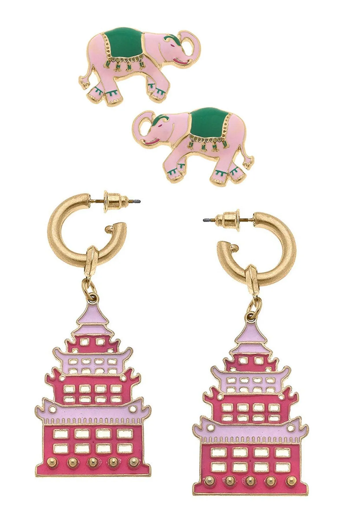 Livy Elephant Stud and Tiffany Enamel Pagoda Earring Set sold by Canvas Style