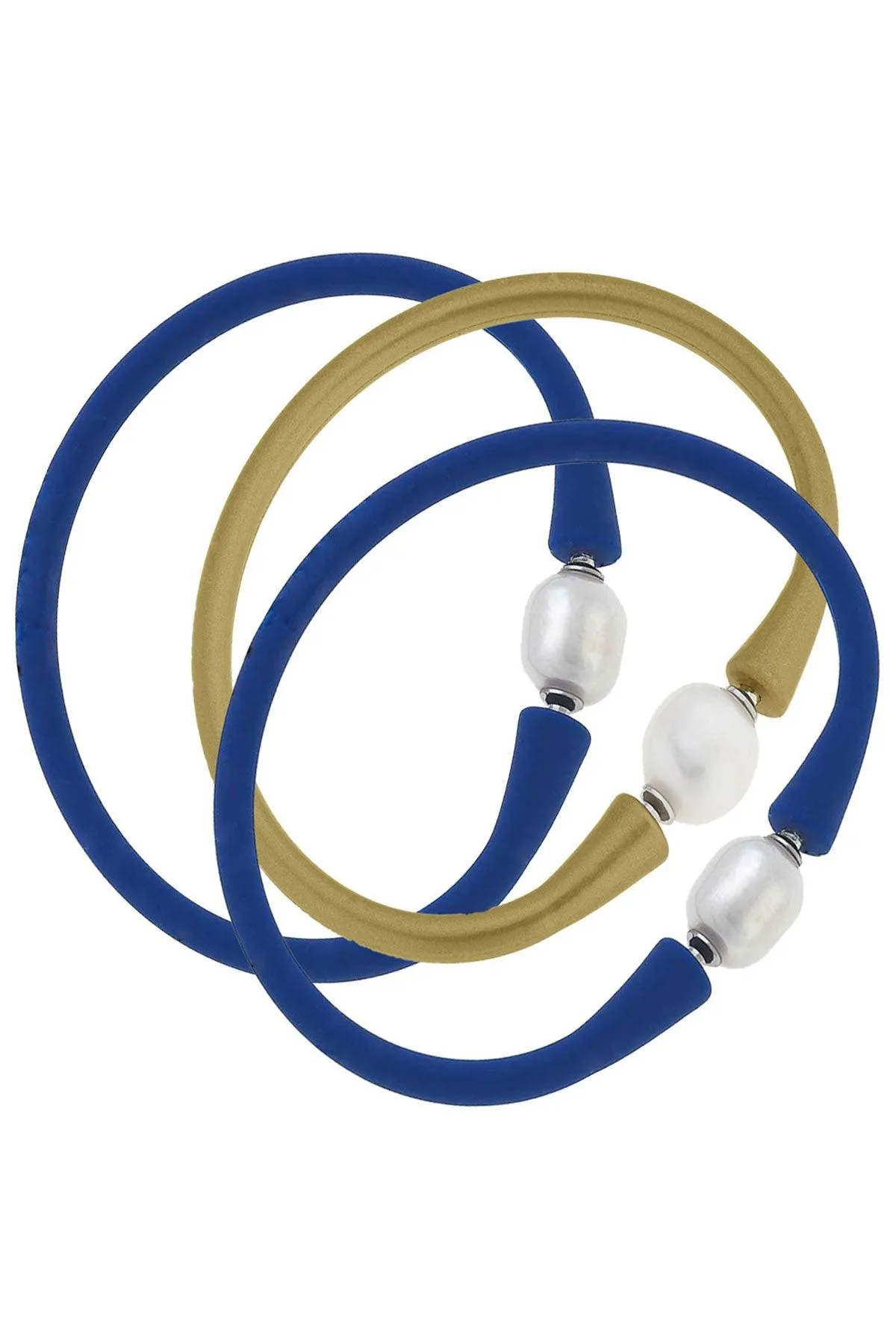 Bali Freshwater Pearl Silicone Bracelet Stack of 3 in Royal Blue & Gold sold by Canvas Style