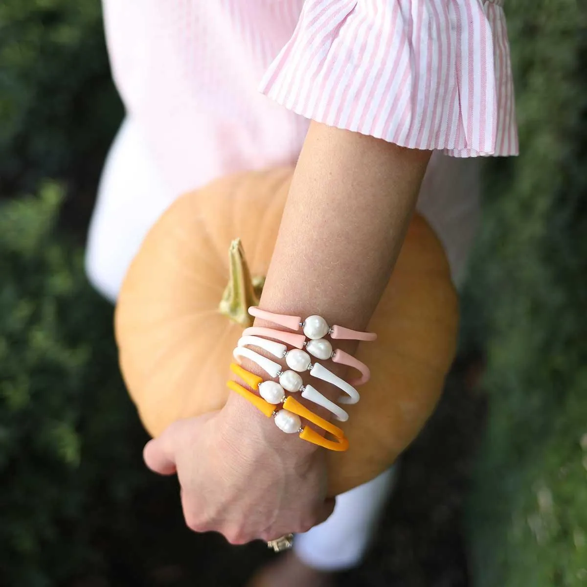 Bali Freshwater Pearl Silicone Bracelet Set of 3 in Cantaloupe - FINAL SALE sold by Canvas Style product image thumbnail 2