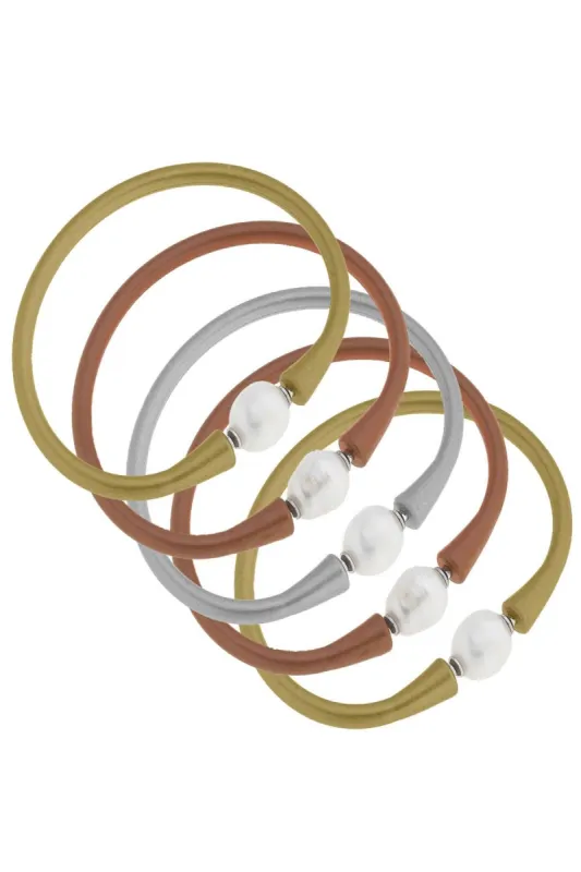 Bali Freshwater Pearl Silicone Bracelet Stack of 5 in Metallic Gold, Metallic Bronze & Metallic Silver sold by Canvas Style