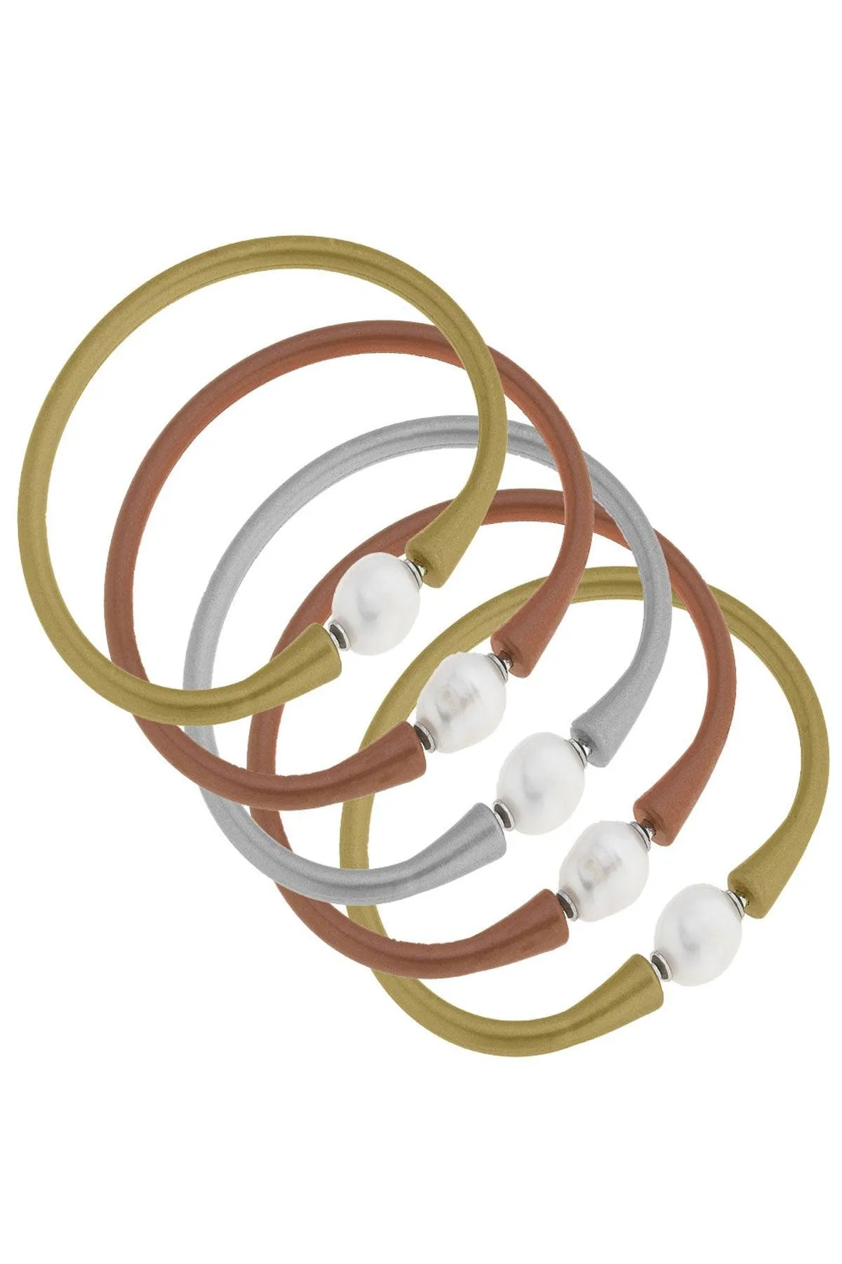 Bali Freshwater Pearl Silicone Bracelet Stack of 5 in Metallic Gold, Metallic Bronze & Metallic Silver sold by Canvas Style